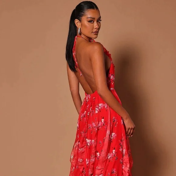 Annalisa Coral Annalisa Blue Multi Floral Print Halter Maxi Dress Brynleigh  Plunge V-Neck Floral Maxi